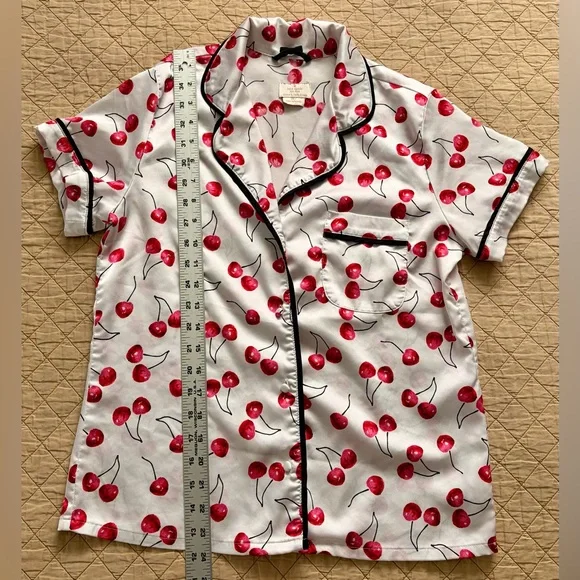 kate spade Cherry Print Satin Feel Pajama Set in Red and White with Black Trim - Picture 3 of 16